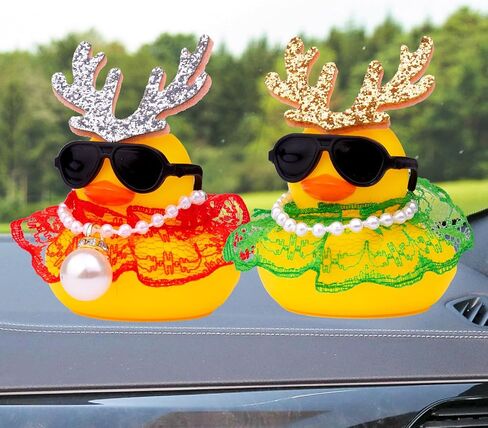Christmas 2pcs Duck Car Ornament, Rubber Duck Car Dashboard Decor with Antlers Necklace Sunglasses Dress Decoration in Kuwait