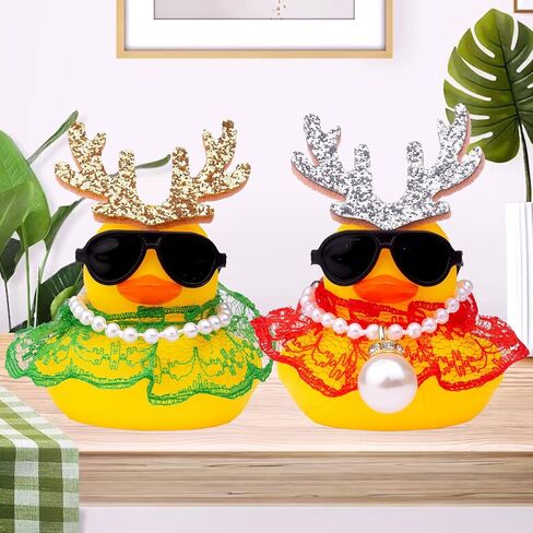 Christmas 2pcs Duck Car Ornament, Rubber Duck Car Dashboard Decor with Antlers Necklace Sunglasses Dress Decoration in Kuwait