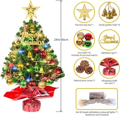 Table top Christmas Tree 24 Inch Small Christmas Tree with 30 LED Lights, Prelit Artificial Mini Christmas Tree, Home, Office, DIY Christmas Decorations in Saudi Arabia