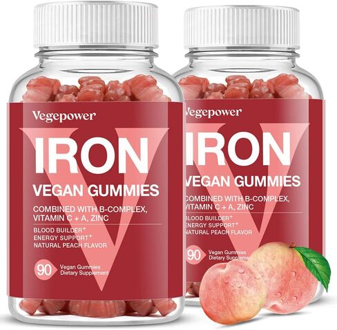 Vegan Iron Gummies Supplement - with Vitamin C, A, B-Complex, Folate, Zinc for Adults & Kids - Blood Builder & Energy Support for Iron Deficiency, Anemia, No After Taste - Peach Flavor (90 Ct) in Kuwait