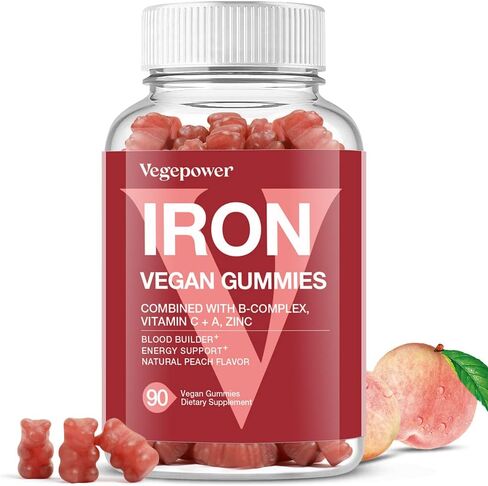 Vegan Iron Gummies Supplement - with Vitamin C, A, B-Complex, Folate, Zinc for Adults & Kids - Blood Builder & Energy Support for Iron Deficiency, Anemia, No After Taste - Peach Flavor (90 Ct) in Kuwait