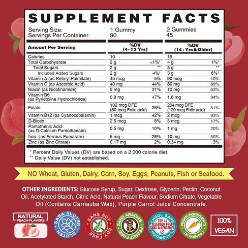 Vegan Iron Gummies Supplement - with Vitamin C, A, B-Complex, Folate, Zinc for Adults & Kids - Blood Builder & Energy Support for Iron Deficiency, Anemia, No After Taste - Peach Flavor (90 Ct) in Kuwait