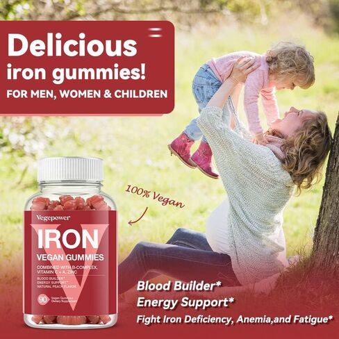 Vegan Iron Gummies Supplement - with Vitamin C, A, B-Complex, Folate, Zinc for Adults & Kids - Blood Builder & Energy Support for Iron Deficiency, Anemia, No After Taste - Peach Flavor (90 Ct) in Kuwait