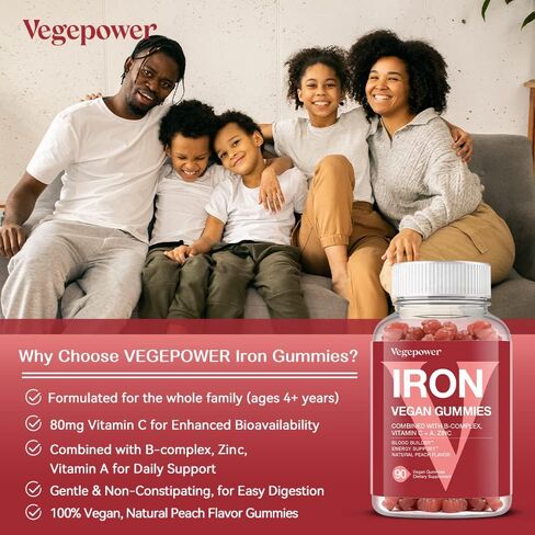 Vegan Iron Gummies Supplement - with Vitamin C, A, B-Complex, Folate, Zinc for Adults & Kids - Blood Builder & Energy Support for Iron Deficiency, Anemia, No After Taste - Peach Flavor (90 Ct) in Kuwait