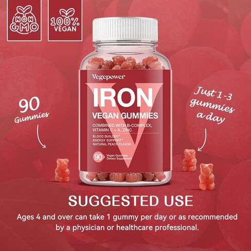 Vegan Iron Gummies Supplement - with Vitamin C, A, B-Complex, Folate, Zinc for Adults & Kids - Blood Builder & Energy Support for Iron Deficiency, Anemia, No After Taste - Peach Flavor (90 Ct) in Kuwait