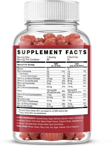 Vegan Iron Gummies Supplement - with Vitamin C, A, B-Complex, Folate, Zinc for Adults & Kids - Blood Builder & Energy Support for Iron Deficiency, Anemia, No After Taste - Peach Flavor (90 Ct) in Kuwait