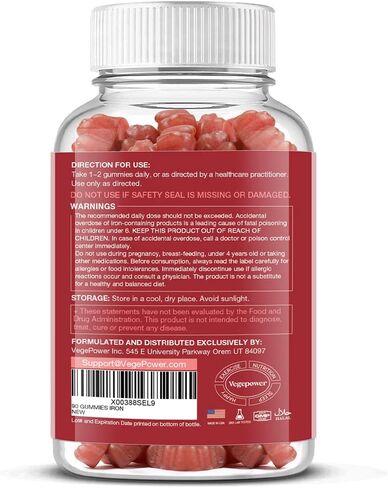 Vegan Iron Gummies Supplement - with Vitamin C, A, B-Complex, Folate, Zinc for Adults & Kids - Blood Builder & Energy Support for Iron Deficiency, Anemia, No After Taste - Peach Flavor (90 Ct) in Kuwait
