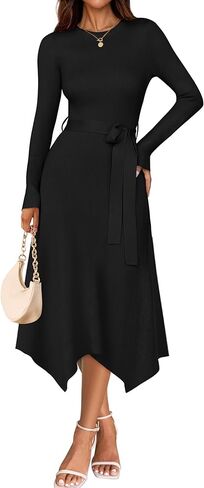 ZESICA Women's Fall Long Sleeve Crewneck Ribbed Knit High Waist Midi Sweater Dresses with Belt in Saudi Arabia