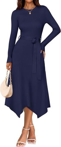 ZESICA Women's Fall Long Sleeve Crewneck Ribbed Knit High Waist Midi Sweater Dresses with Belt in Saudi Arabia