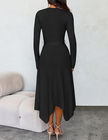 ZESICA Women's Fall Long Sleeve Crewneck Ribbed Knit High Waist Midi Sweater Dresses with Belt in Saudi Arabia