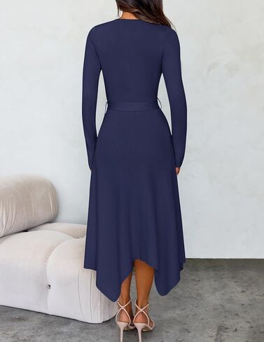 ZESICA Women's Fall Long Sleeve Crewneck Ribbed Knit High Waist Midi Sweater Dresses with Belt in Saudi Arabia