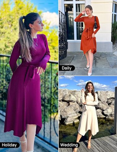 ZESICA Women's Fall Long Sleeve Crewneck Ribbed Knit High Waist Midi Sweater Dresses with Belt in Saudi Arabia