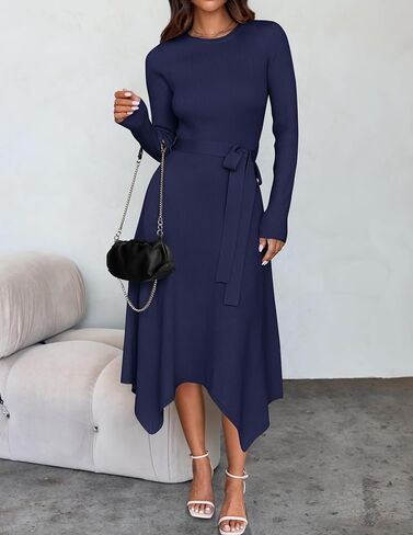 ZESICA Women's Fall Long Sleeve Crewneck Ribbed Knit High Waist Midi Sweater Dresses with Belt in Saudi Arabia