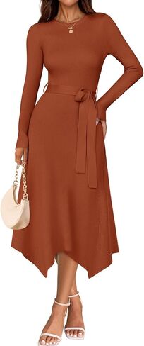 ZESICA Women's Fall Long Sleeve Crewneck Ribbed Knit High Waist Midi Sweater Dresses with Belt in Saudi Arabia