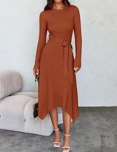 ZESICA Women's Fall Long Sleeve Crewneck Ribbed Knit High Waist Midi Sweater Dresses with Belt in Saudi Arabia
