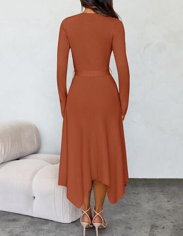 ZESICA Women's Fall Long Sleeve Crewneck Ribbed Knit High Waist Midi Sweater Dresses with Belt in Saudi Arabia