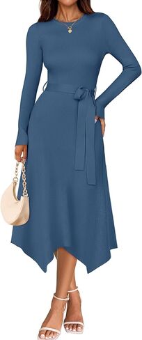 ZESICA Women's Fall Long Sleeve Crewneck Ribbed Knit High Waist Midi Sweater Dresses with Belt in Kuwait