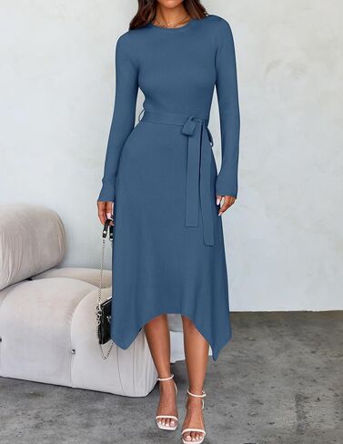 ZESICA Women's Fall Long Sleeve Crewneck Ribbed Knit High Waist Midi Sweater Dresses with Belt in Kuwait