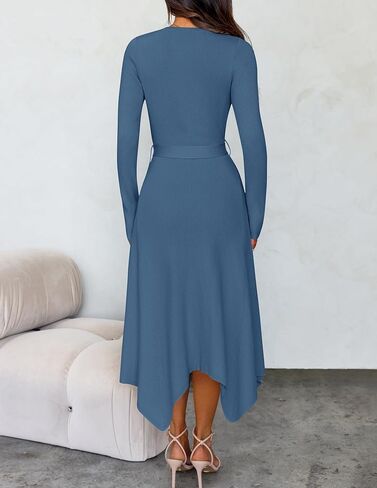 ZESICA Women's Fall Long Sleeve Crewneck Ribbed Knit High Waist Midi Sweater Dresses with Belt in Kuwait