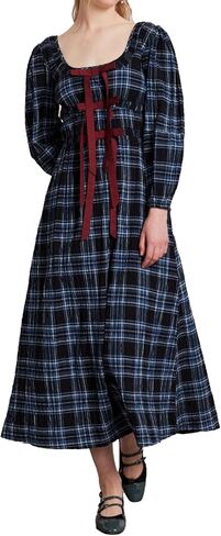 Women Plaid Maxi Dress Long Puff Sleeve Square Neck Flowy Boho Dress Bow Tie Smocked Fall Dresses in Kuwait