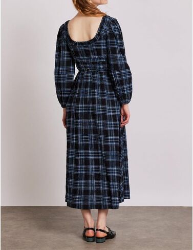 Women Plaid Maxi Dress Long Puff Sleeve Square Neck Flowy Boho Dress Bow Tie Smocked Fall Dresses in Kuwait