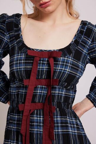 Women Plaid Maxi Dress Long Puff Sleeve Square Neck Flowy Boho Dress Bow Tie Smocked Fall Dresses in Kuwait