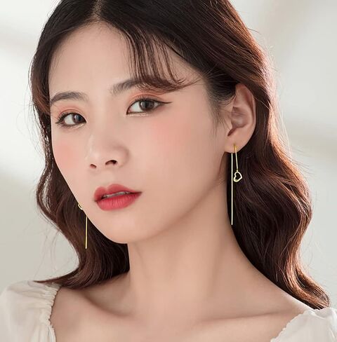 Reffeer Solid 925 Sterling Silver Love Heart Chain Dangle Earrings Drops for Women Teens Heart Tassel Dangle Earrings Threader in Kuwait