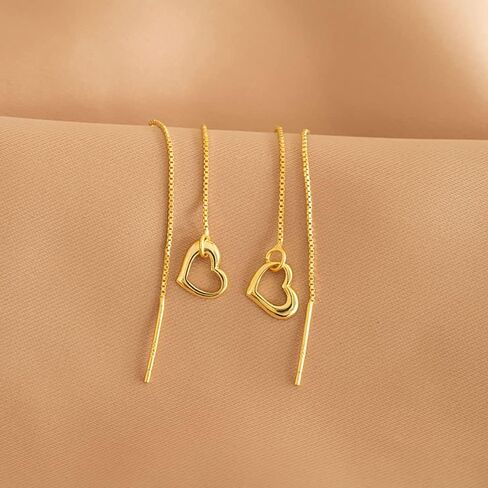 Reffeer Solid 925 Sterling Silver Love Heart Chain Dangle Earrings Drops for Women Teens Heart Tassel Dangle Earrings Threader in Kuwait