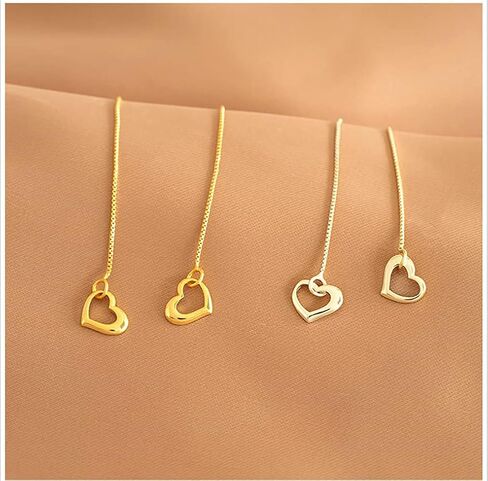 Reffeer Solid 925 Sterling Silver Love Heart Chain Dangle Earrings Drops for Women Teens Heart Tassel Dangle Earrings Threader in Kuwait