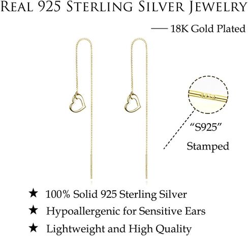 Reffeer Solid 925 Sterling Silver Love Heart Chain Dangle Earrings Drops for Women Teens Heart Tassel Dangle Earrings Threader in Kuwait
