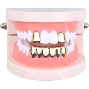 Gold Grillz Mouth Teeth 24K Plated Gold Custom Fit Top & Bottom Set Caps Grillz For Women Gift + Extra Molding Bars + Microfiber Cloth