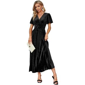 Simplee Women’s V Neck Velvet Maxi Dress Short Sleeve Empire Waist Long Formal Dress for Wedding Guest