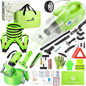 Roadside Emergency Car Kit for Vehicles, Car Safety Kit with 4 in 1 Inflatable Car Vacuum Cleaner, Jumper Cables, Tow Straps, First Aid Kit, Car Must Haves Road Trip Essentials for Men Women