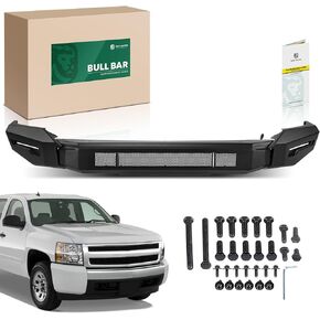 YHTAUTO Bull Bar Push Bar with Skid Plate Light Mount Fit Chevrolet Models, Silverado 1500 2019-2021, Silverado 1500 LTD 2022, Heavy Duty Steel Brush Guard for Truck Front Bumper Textured Black