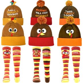 CAMIRUS 6PCS Thanksgiving Turkey Trot Costume, 3Pcs Turkey Beanie Hat and 3Pcs Turkey Socks Thanksgiving Day Costume Turkey Beanie Hat for Kids Adults Men Women