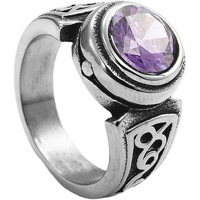 PAMTIER Unisex Stainless Steel Silver Vintage Classic Round Gemstone Signet Biker Wedding Ring
