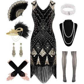 1920S Women Flapper Dress V Neck Sequin Fringed Dress Cocktail Dress with Roaring 20s Accessories