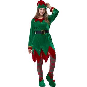 Soulty Christmas Elf Costume for Women Adult Deluxe 5 Pcs Set Green Suit Santa's Helper Fancy Dress for Xmas Halloween Party