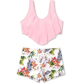 NECIOUS Girls Swimsuit 2 Piece Girl Bathing Suit Ruffle Swimwear Floral Print Shorts Cute Bikini Set 7-14Y