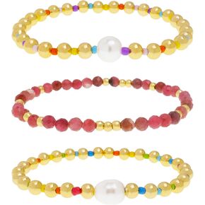 Gold Beaded Gemstone Stack Bracelets Set, Boho Handmade stackable Friendship Stretch Festive Holiday Accessories Jewelry Gift.