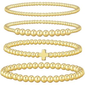 RANKEEF 4pcs Gold Bead Bracelet for Women Hypoallergenic Waterproof 14k Gold Plated Bracelets Gold Stackable Bracelets Jewelry For Women