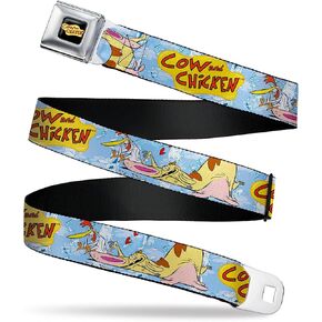 Warner Bros. Animation Belt, Seatbelt Buckle Belt, Cow and Chicken Title Logo and Character Poses Blues, Adjustable