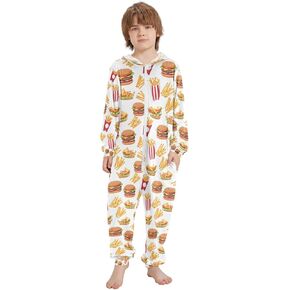 French Fries and Hamburger Onesie Pajamas Zip Up One Piece Sleepwear Hooded Jumpsuits
