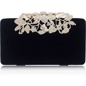 Dexmay Velvet Women Clutch Evening Bag with Rhinestone Crystal Flower Clasp Formal Purse for Party Black