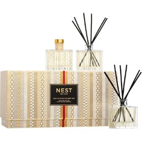 NEST New York Festive Petite Diffuser Trio - 1.3 fl oz Each - Includes Holiday, Birchwood Pine, and Blue Cypress & Snow - Fragrance for Up to 90 Days - Includes All-Natural Reed Sticks - Flame Free