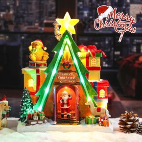 Wonder Solar Christmas Village Houses - Musical Christmas Village Building Santa's Gift Shop with Moving Santa Claus Battery Operate Christmas Village Figurines with LED Lights for Christmas Decor