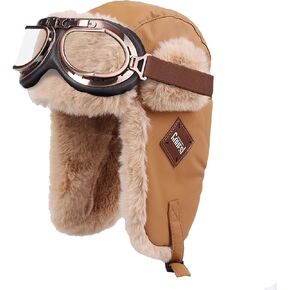 KAHHZA Vintage Aviator Hat with Goggles Pilot Cap Costume for Adult Leather Trapper Hat with Fur Ear Flaps for Winter Warm