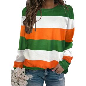 St. Patrick's Day Shirt for Women Stripes Irish Long Sleeve Shirt Shamrock Ireland Flag Pullover Tops