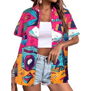80s 90s Outfits for Women Retro Theme Party Button Up T-Shirt Neon Short Sleeve Blouse Tops