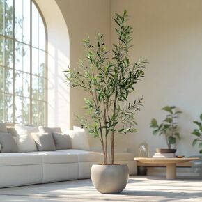 7FT Artificial Olive Tree Tall Faux Silk Plant Tall Faux Olive Tree with Natural Wood Trunk & Lifelike Fruits Fake Potted Tree or Home Office Decor